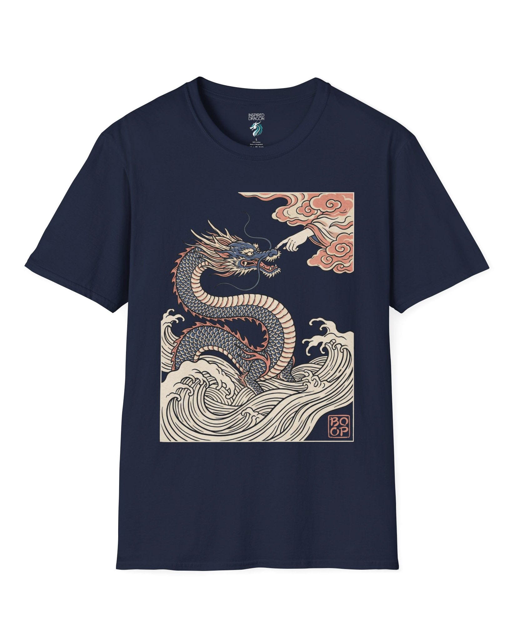 Ukiyo-e Boop shirt in navy featuring a dragon rising from waves as a hand reaches from the clouds to boop its nose