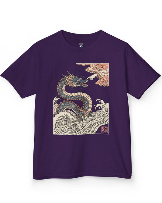 Ukiyo-e Boop shirt in purple featuring a dragon rising from waves as a hand reaches from the clouds to boop its nose