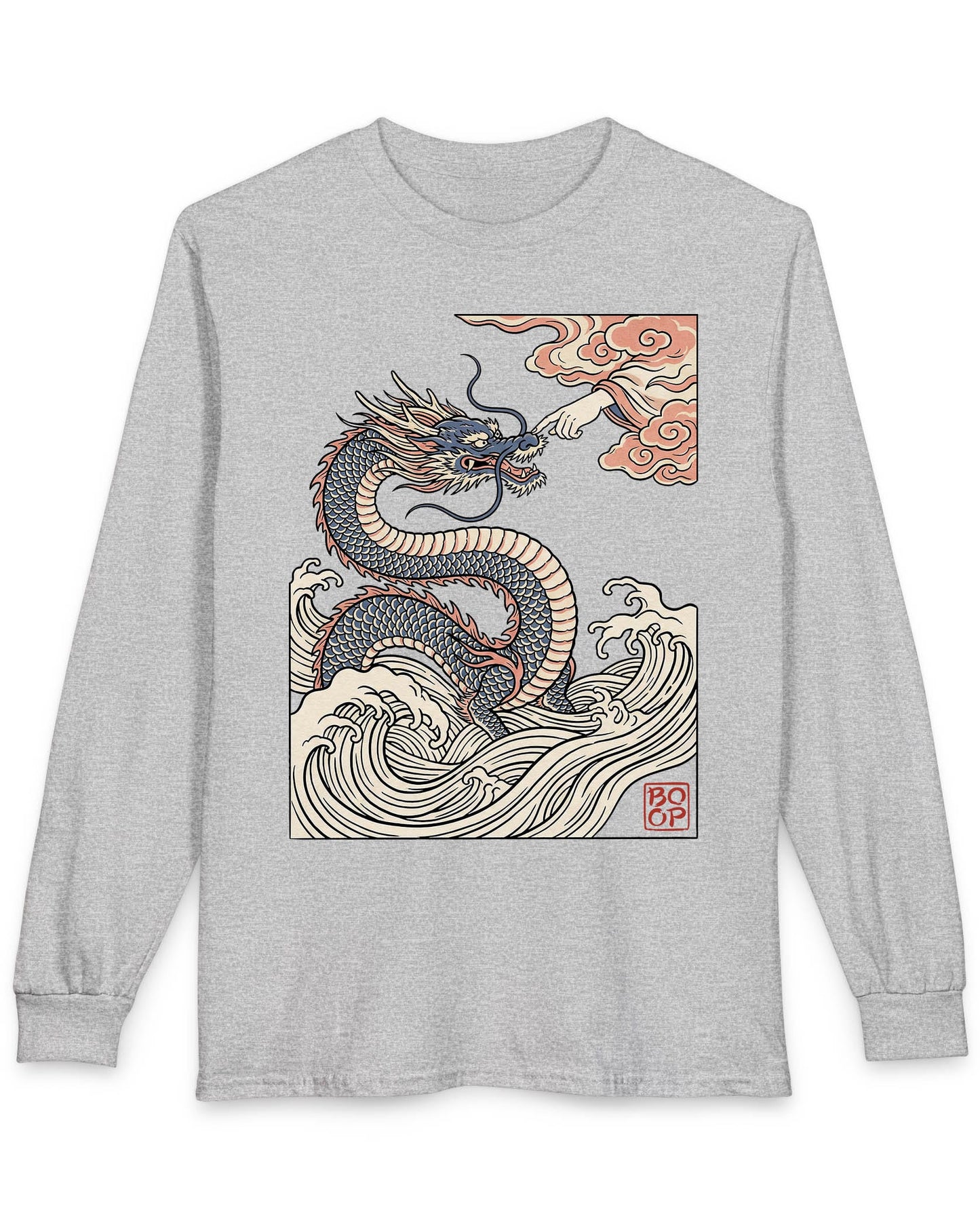 Ukiyo-e Boop shirt in sport grey featuring a dragon rising from waves as a hand reaches from the clouds to boop its nose
