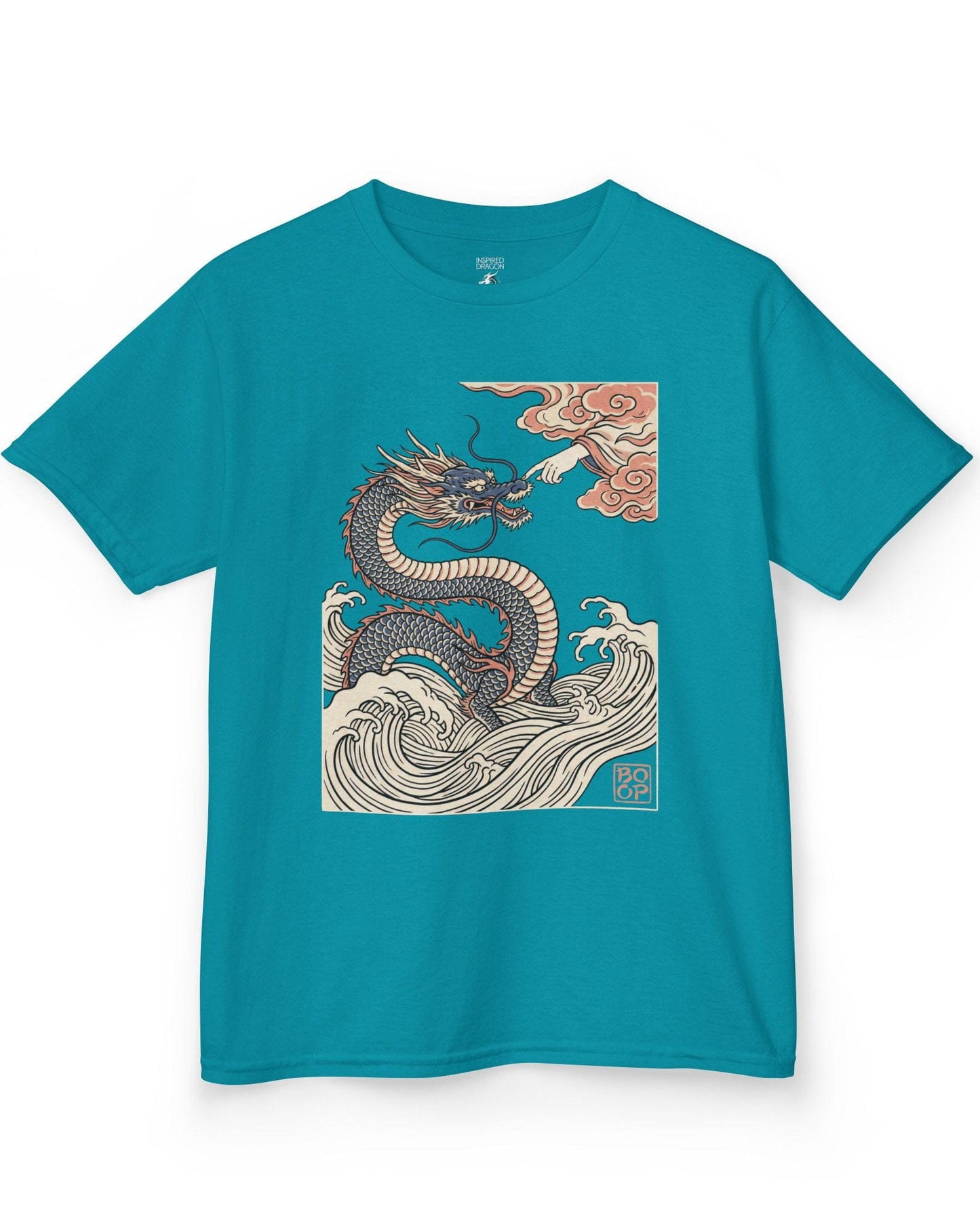 Ukiyo-e Boop shirt in tropical blue featuring a dragon rising from waves as a hand reaches from the clouds to boop its nose
