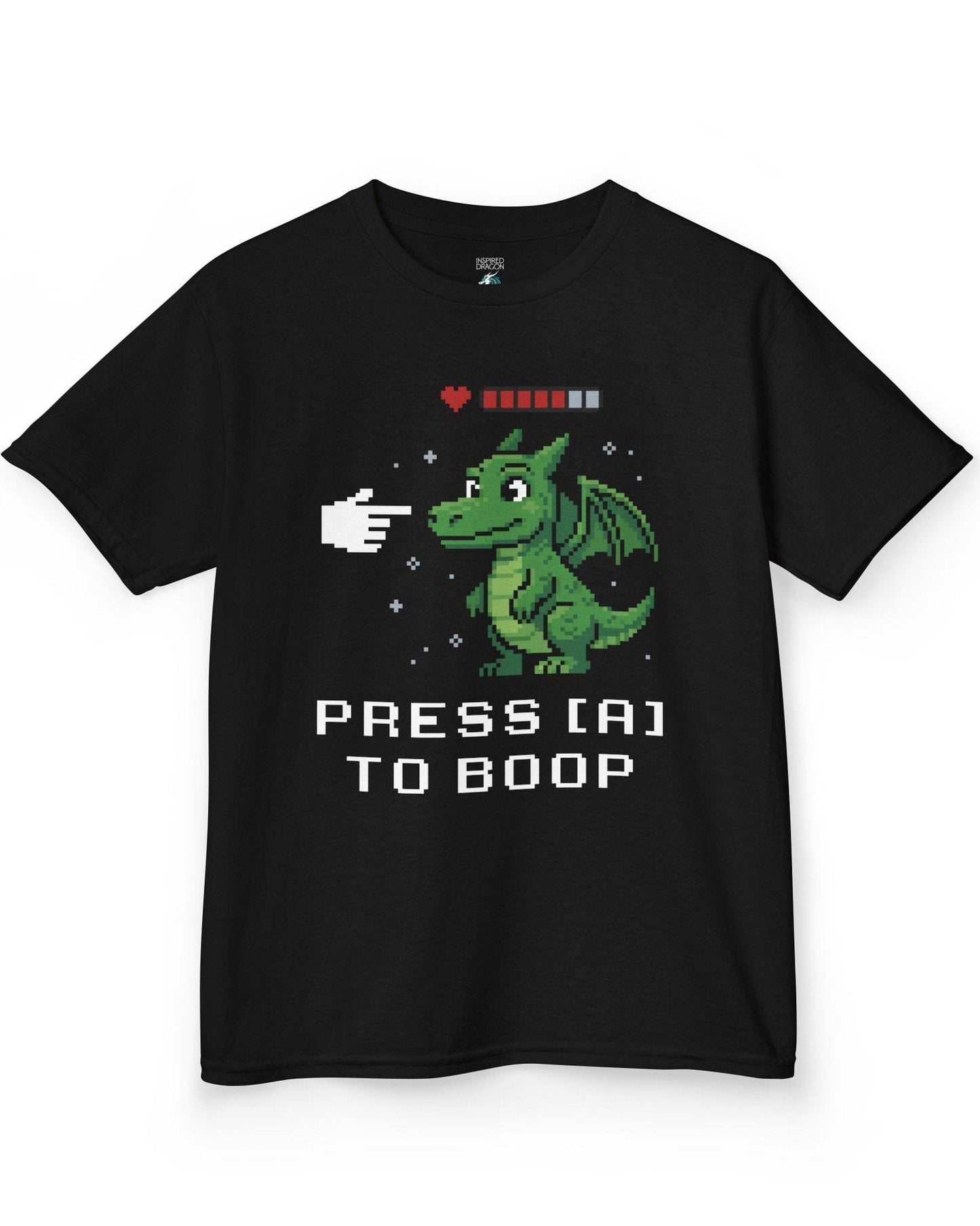 Press A to Boop shirt in black featuring a green pixel dragon with a health bar and retro game-style boop prompt