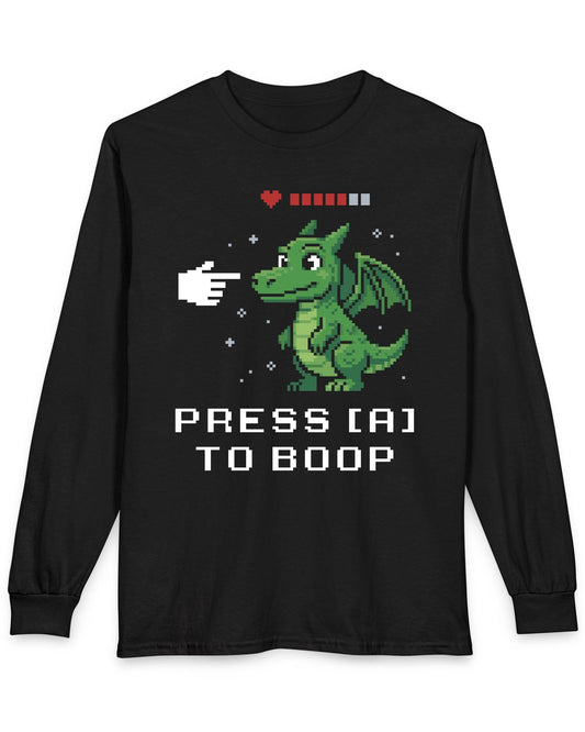 Press A to Boop shirt in black featuring a green pixel dragon with a health bar and retro game-style boop prompt
