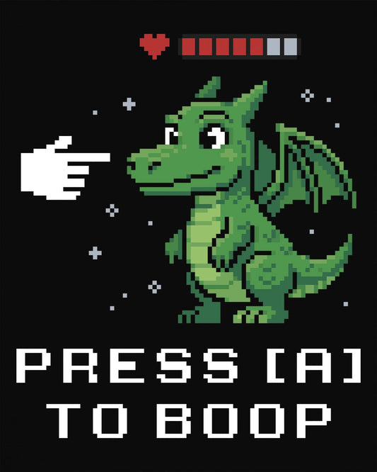 Press A to Boop shirt in black featuring a green pixel dragon with a health bar and retro game-style boop prompt