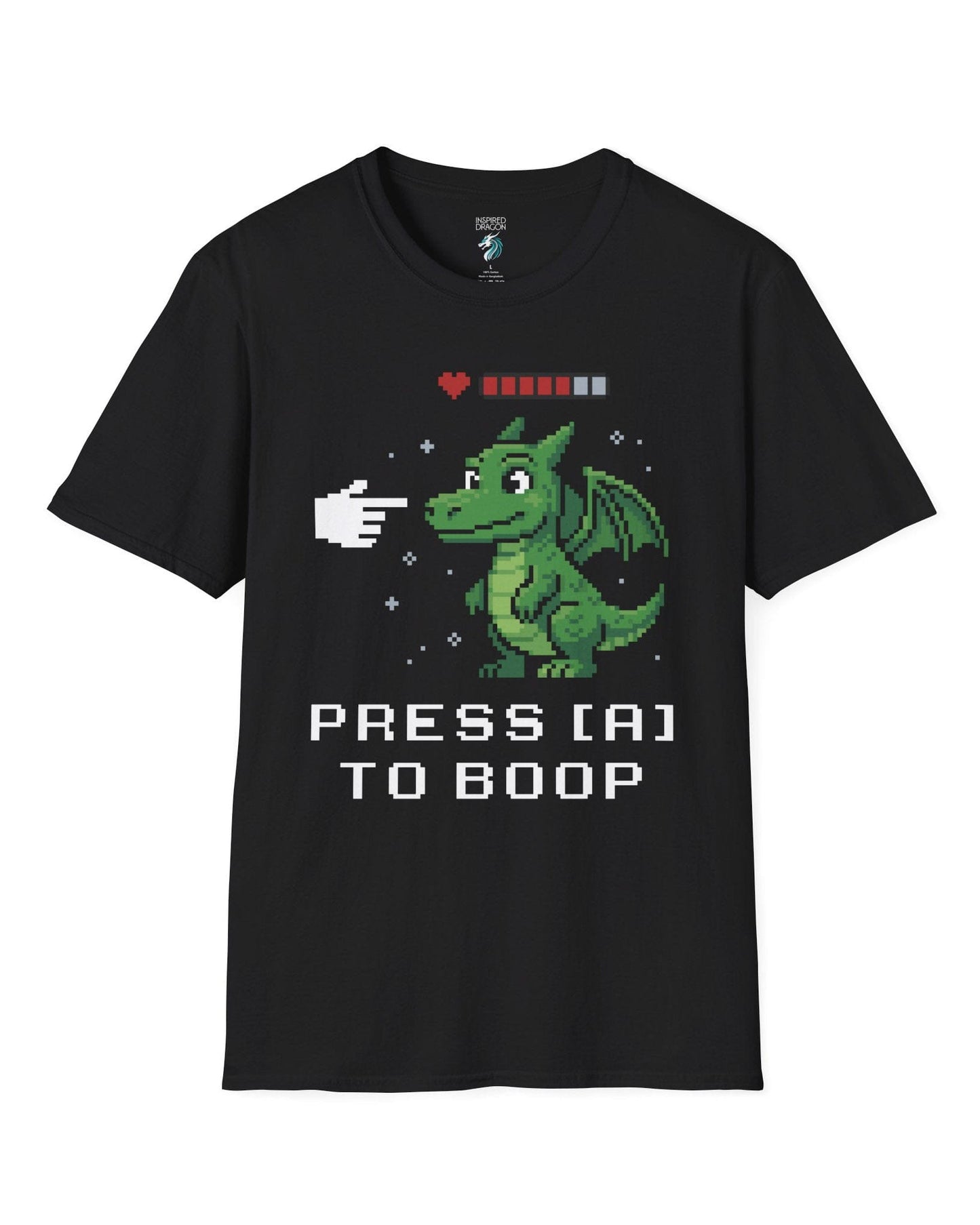 Press A to Boop shirt in black featuring a green pixel dragon with a health bar and retro game-style boop prompt