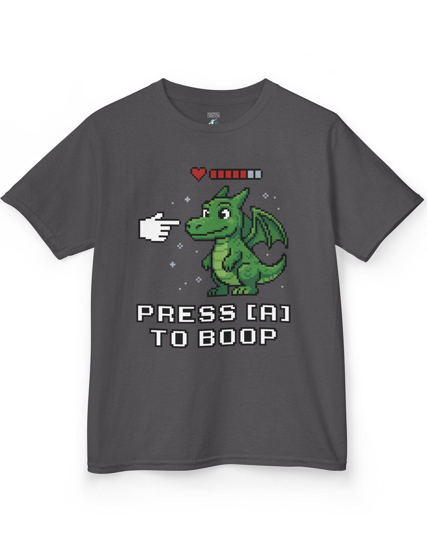 Press A to Boop shirt in charcoal featuring a green pixel dragon with a health bar and retro game-style boop prompt