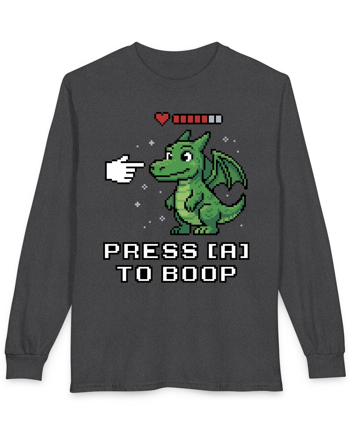 Press A to Boop shirt in dark heather featuring a green pixel dragon with a health bar and retro game-style boop prompt