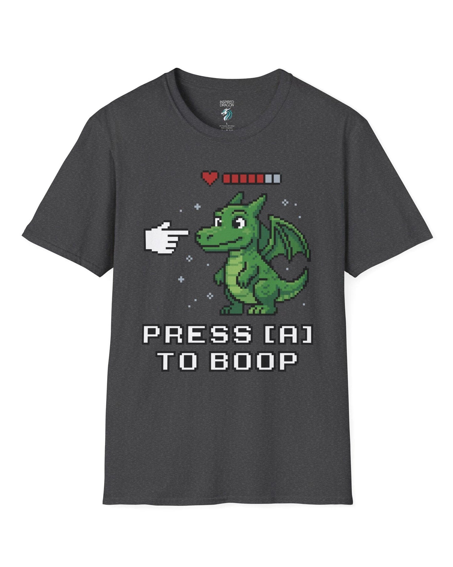 Press A to Boop shirt in dark heather featuring a green pixel dragon with a health bar and retro game-style boop prompt