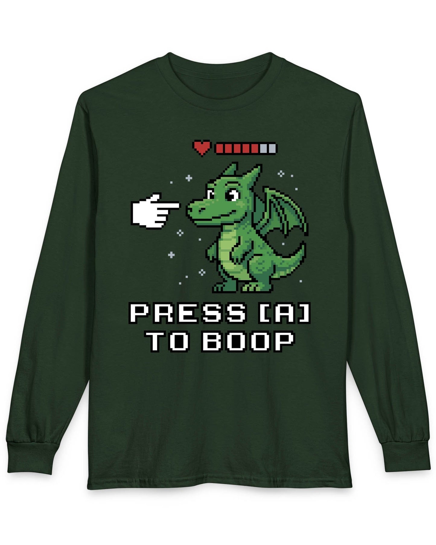 Press A to Boop shirt in forest green featuring a green pixel dragon with a health bar and retro game-style boop prompt