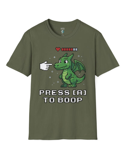 Press A to Boop shirt in military green featuring a green pixel dragon with a health bar and retro game-style boop prompt