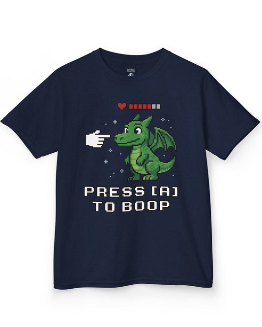 Press A to Boop shirt in navy featuring a green pixel dragon with a health bar and retro game-style boop prompt