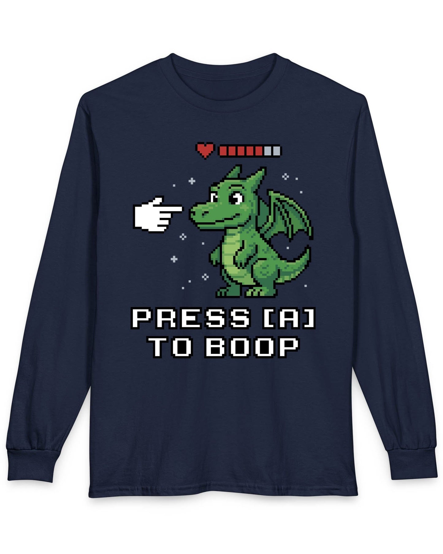 Press A to Boop shirt in navy featuring a green pixel dragon with a health bar and retro game-style boop prompt