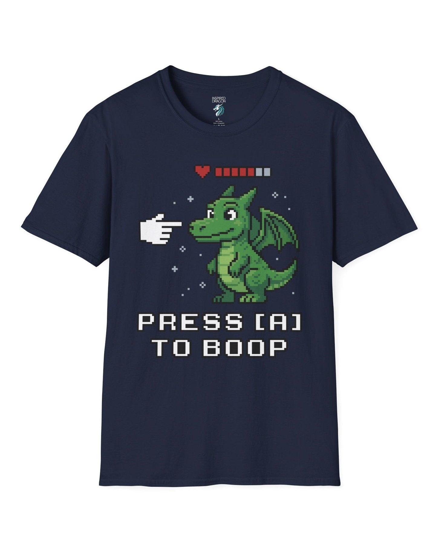 Press A to Boop shirt in navy featuring a green pixel dragon with a health bar and retro game-style boop prompt