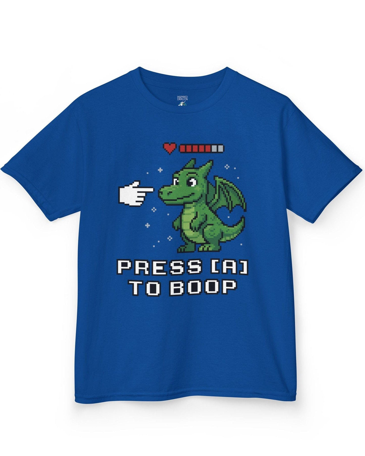 Press A to Boop shirt in royal blue featuring a green pixel dragon with a health bar and retro game-style boop prompt