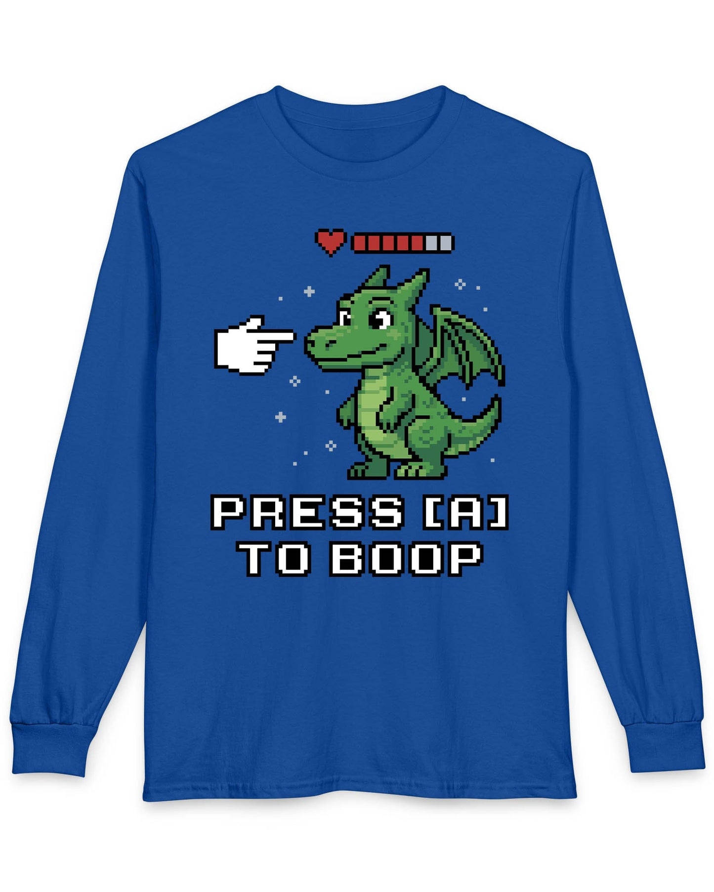Press A to Boop shirt in royal blue featuring a green pixel dragon with a health bar and retro game-style boop prompt