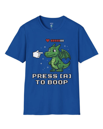 Press A to Boop shirt in royal blue featuring a green pixel dragon with a health bar and retro game-style boop prompt