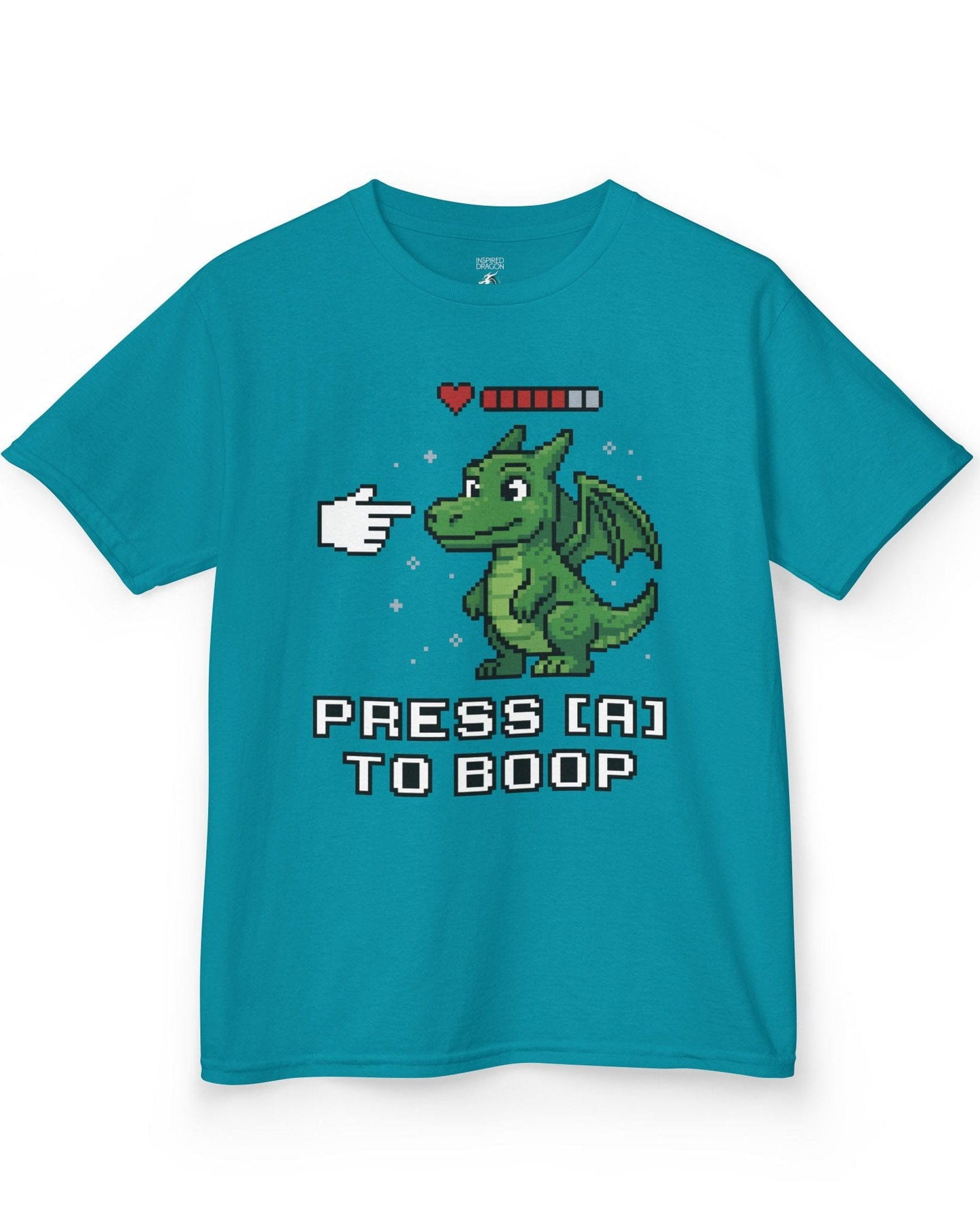 Press A to Boop shirt in tropical blue featuring a green pixel dragon with a health bar and retro game-style boop prompt