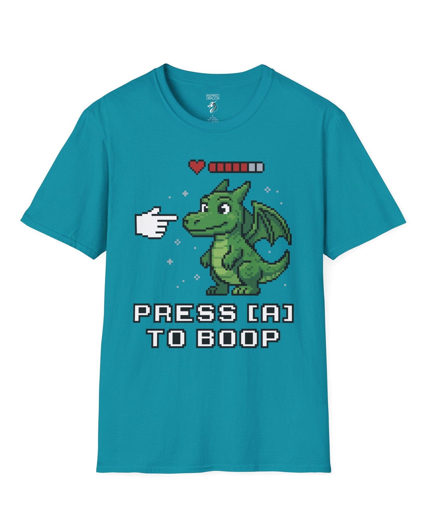 Press A to Boop shirt in tropical blue featuring a green pixel dragon with a health bar and retro game-style boop prompt