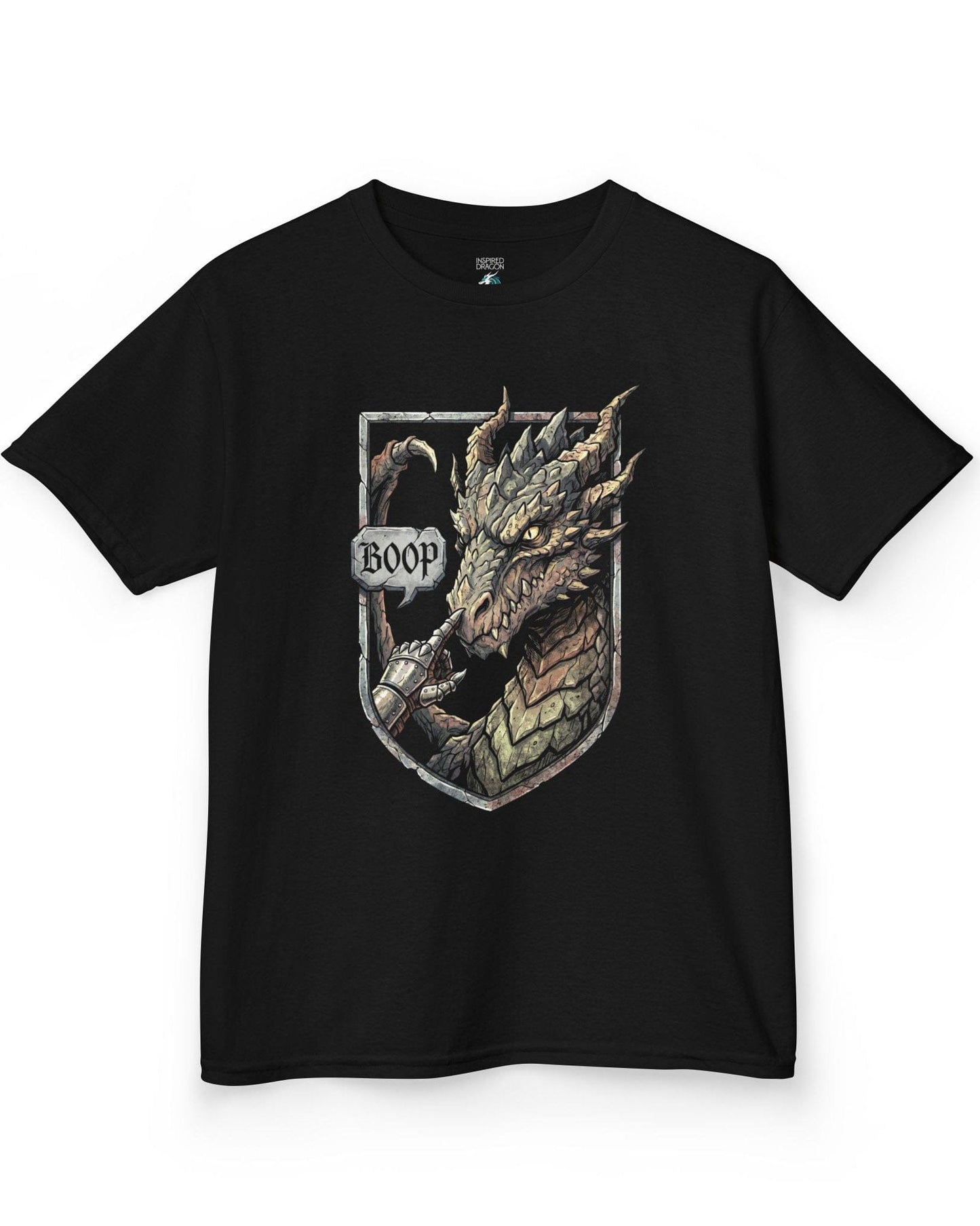 Dark Fantasy Boop shirt in black featuring a gauntleted hand booping a fierce dragon’s nose inside a shield crest