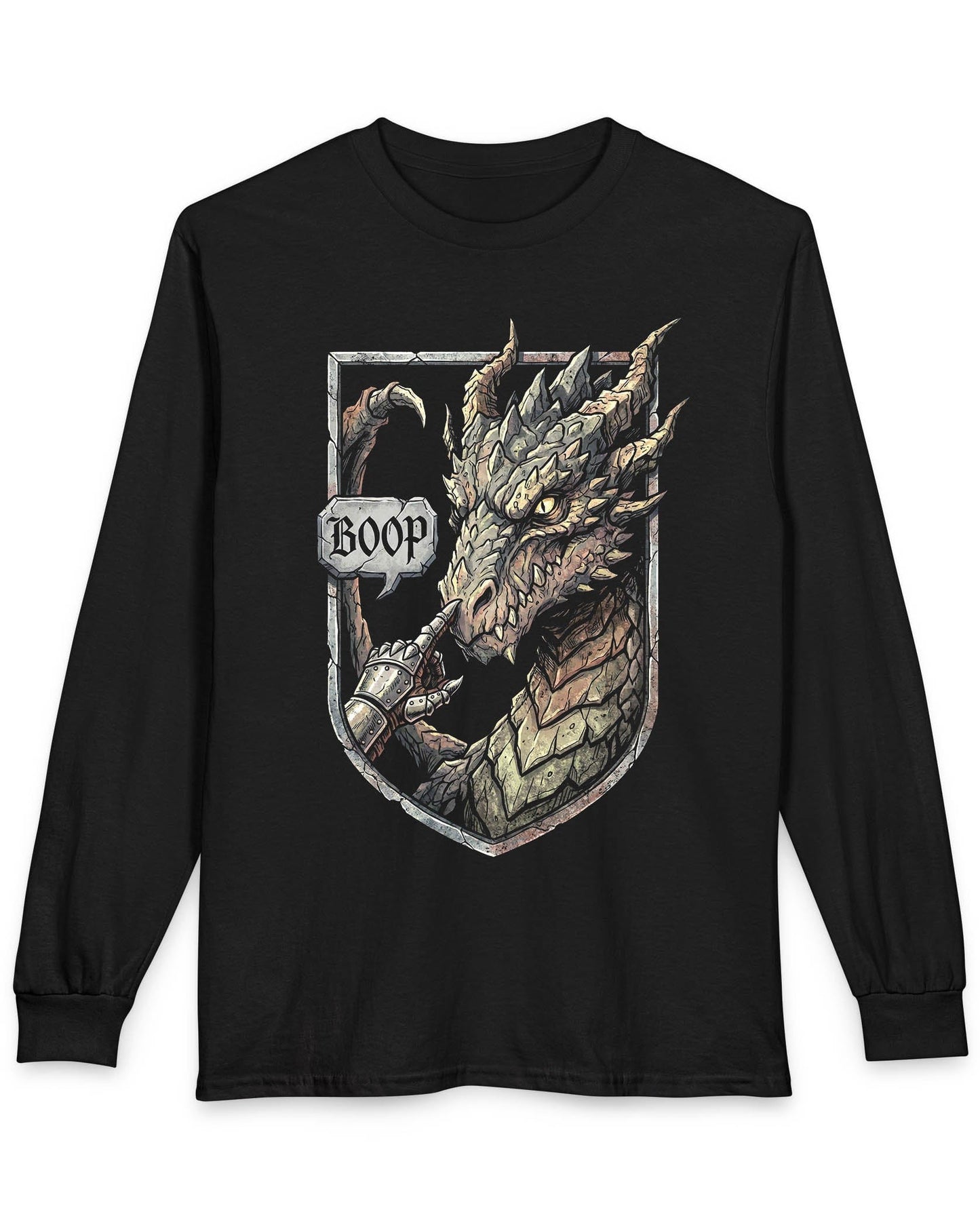 Dark Fantasy Boop shirt in black featuring a gauntleted hand booping a fierce dragon’s nose inside a shield crest
