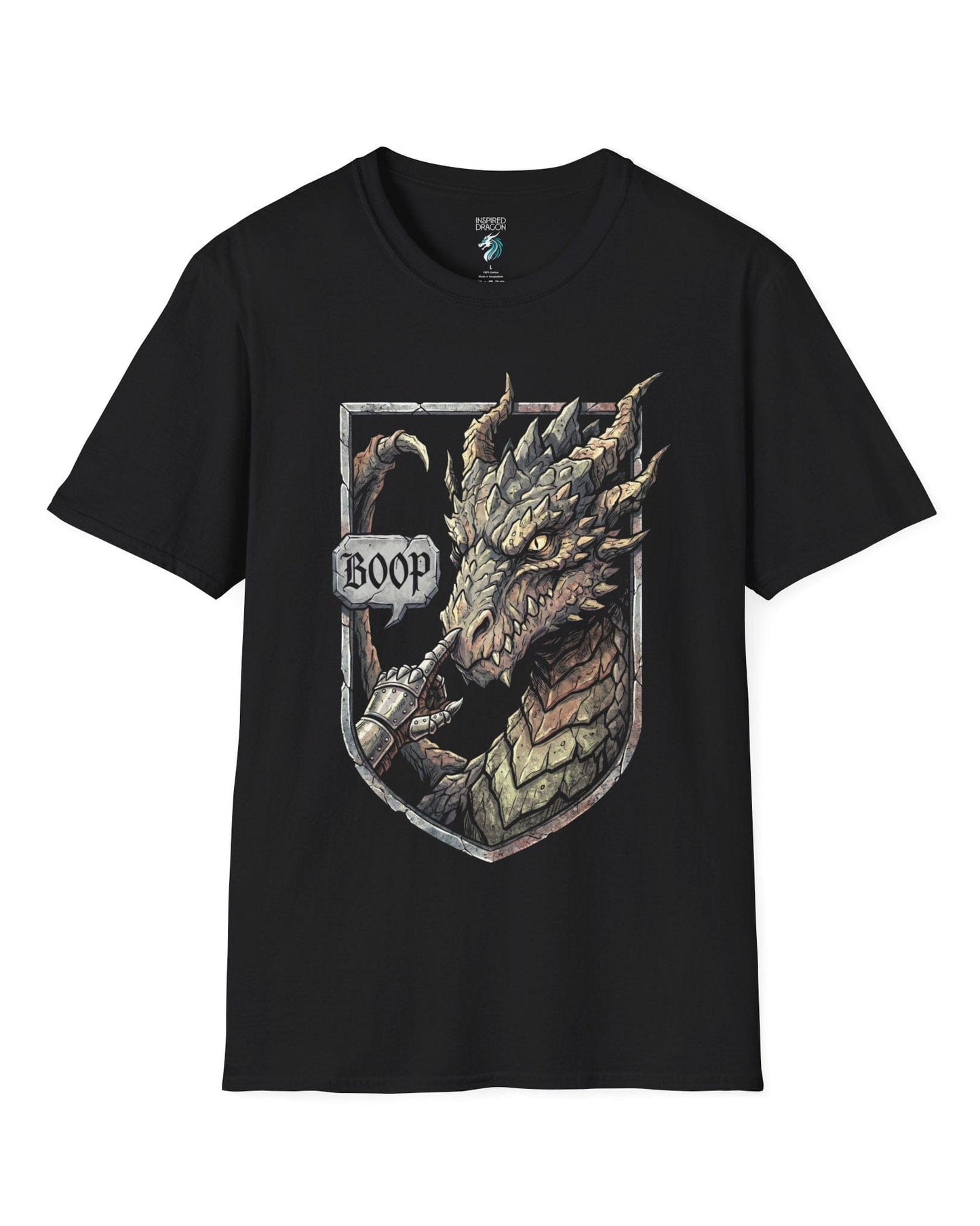 Dark Fantasy Boop shirt in black featuring a gauntleted hand booping a fierce dragon’s nose inside a shield crest