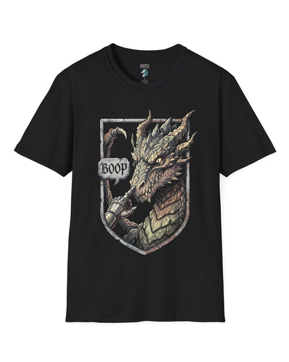 Dark Fantasy Boop shirt in black featuring a gauntleted hand booping a fierce dragon’s nose inside a shield crest