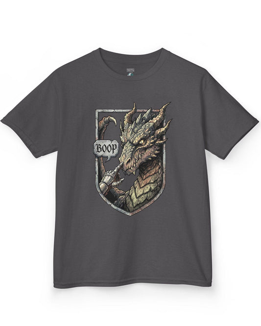 Dark Fantasy Boop shirt in charcoal featuring a gauntleted hand booping a fierce dragon’s nose inside a shield crest