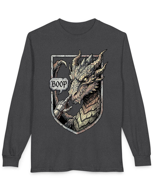 Dark Fantasy Boop shirt in dark heather featuring a gauntleted hand booping a fierce dragon’s nose inside a shield crest