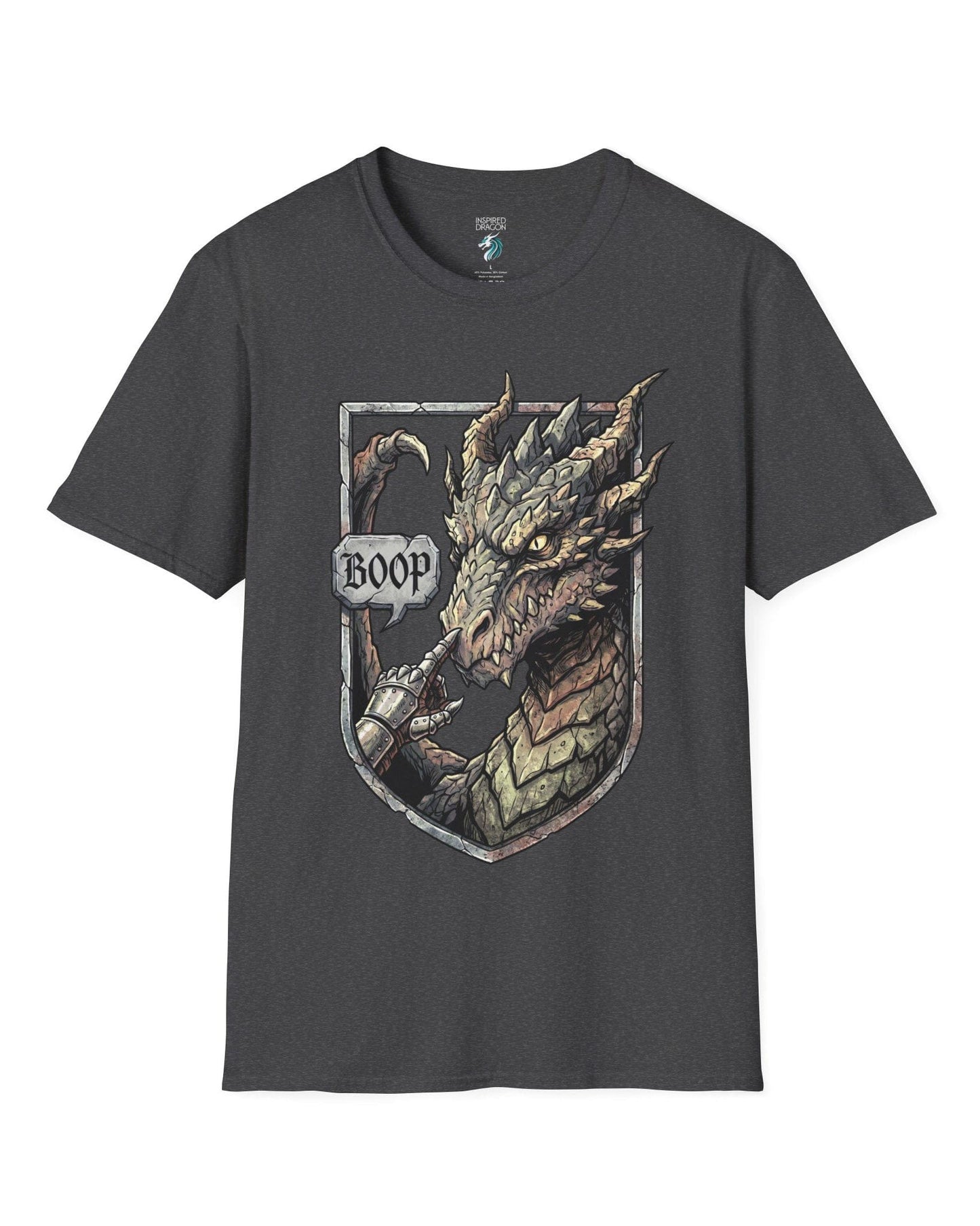 Dark Fantasy Boop shirt in dark heather featuring a gauntleted hand booping a fierce dragon’s nose inside a shield crest