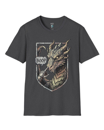 Dark Fantasy Boop shirt in dark heather featuring a gauntleted hand booping a fierce dragon’s nose inside a shield crest
