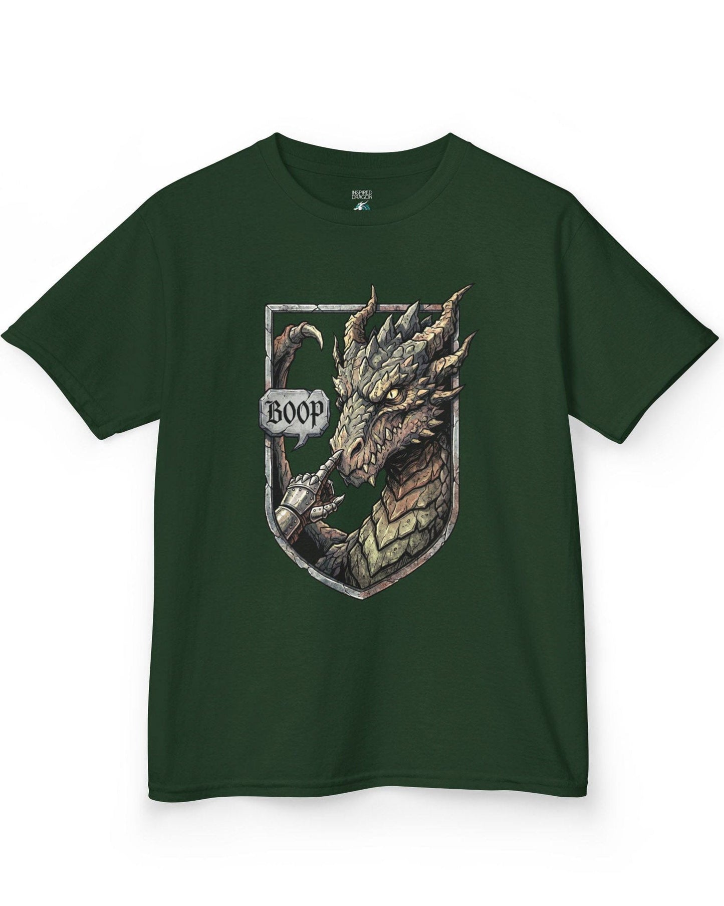 Dark Fantasy Boop shirt in forest green featuring a gauntleted hand booping a fierce dragon’s nose inside a shield crest