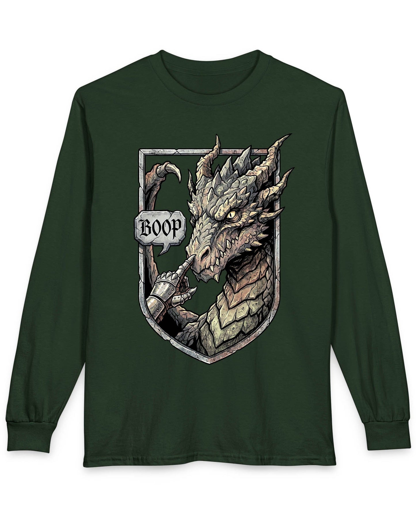 Dark Fantasy Boop shirt in forest green featuring a gauntleted hand booping a fierce dragon’s nose inside a shield crest