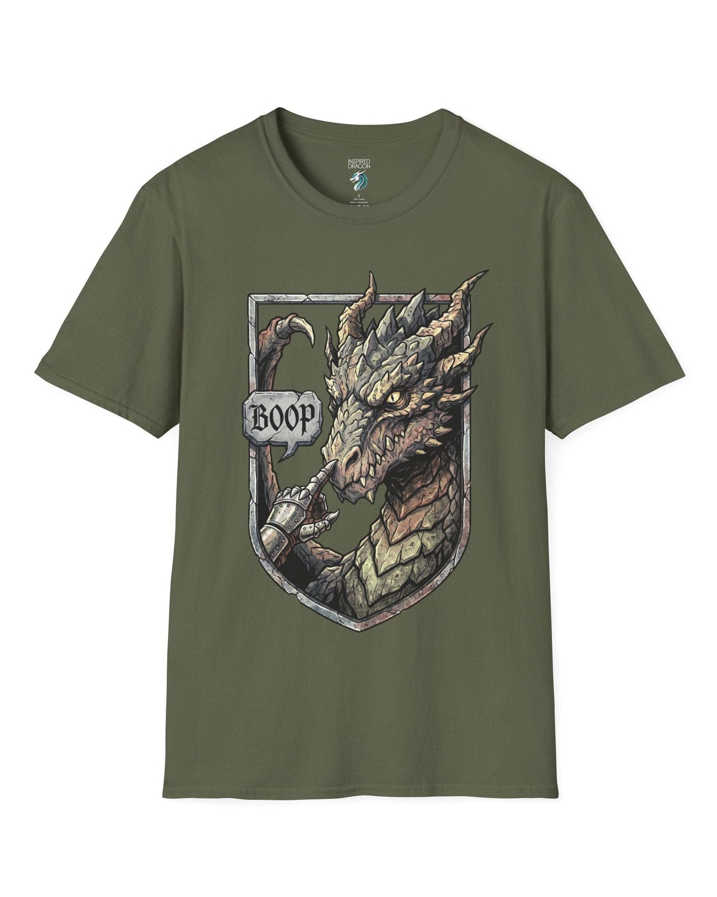 Dark Fantasy Boop shirt in military green featuring a gauntleted hand booping a fierce dragon’s nose inside a shield crest