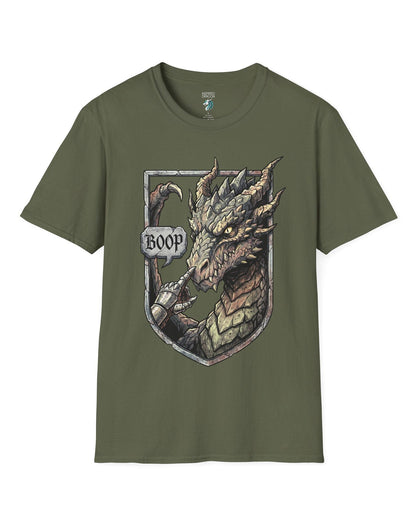Dark Fantasy Boop shirt in military green featuring a gauntleted hand booping a fierce dragon’s nose inside a shield crest