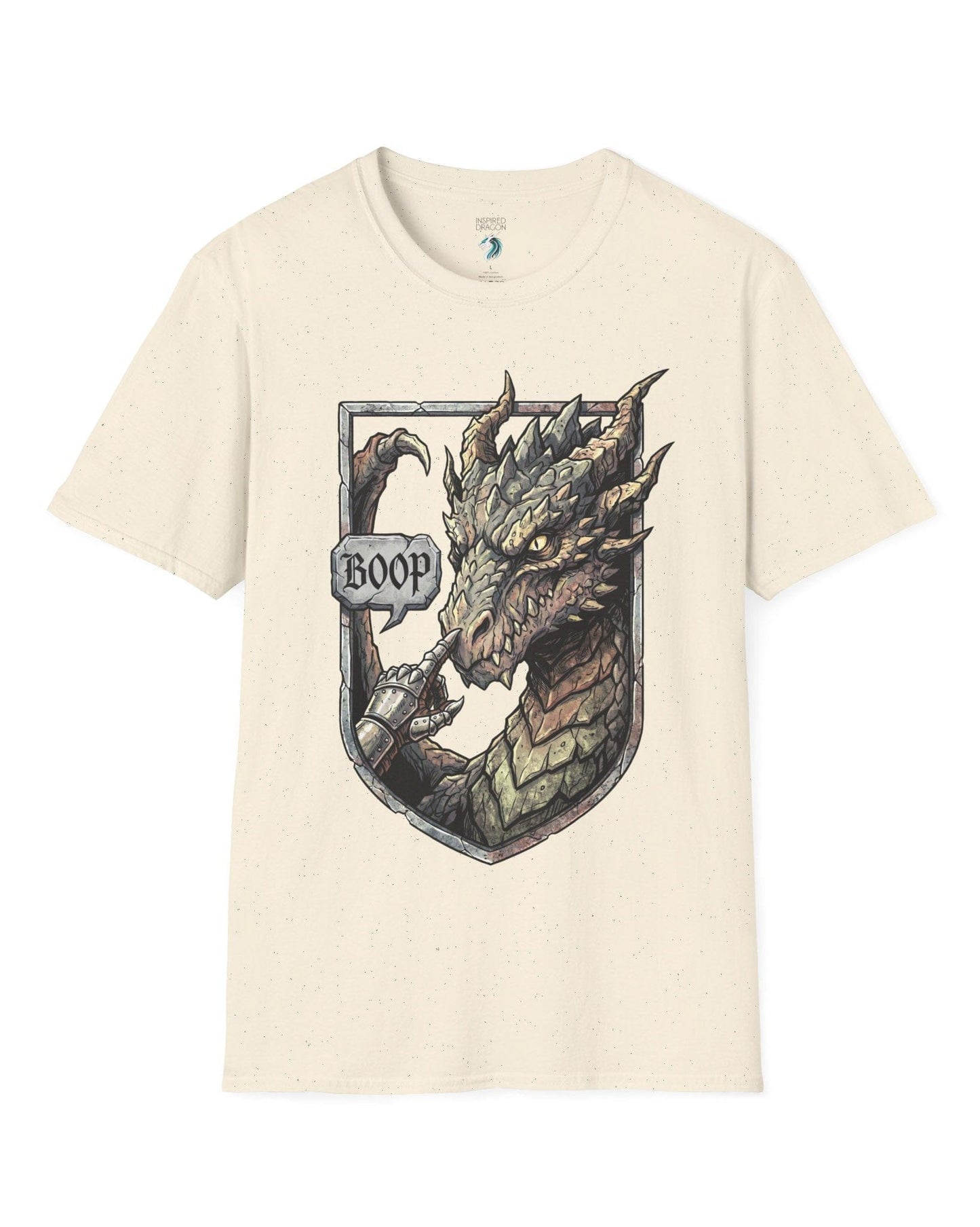 Dark Fantasy Boop shirt in natural featuring a gauntleted hand booping a fierce dragon’s nose inside a shield crest