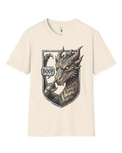 Dark Fantasy Boop shirt in natural featuring a gauntleted hand booping a fierce dragon’s nose inside a shield crest