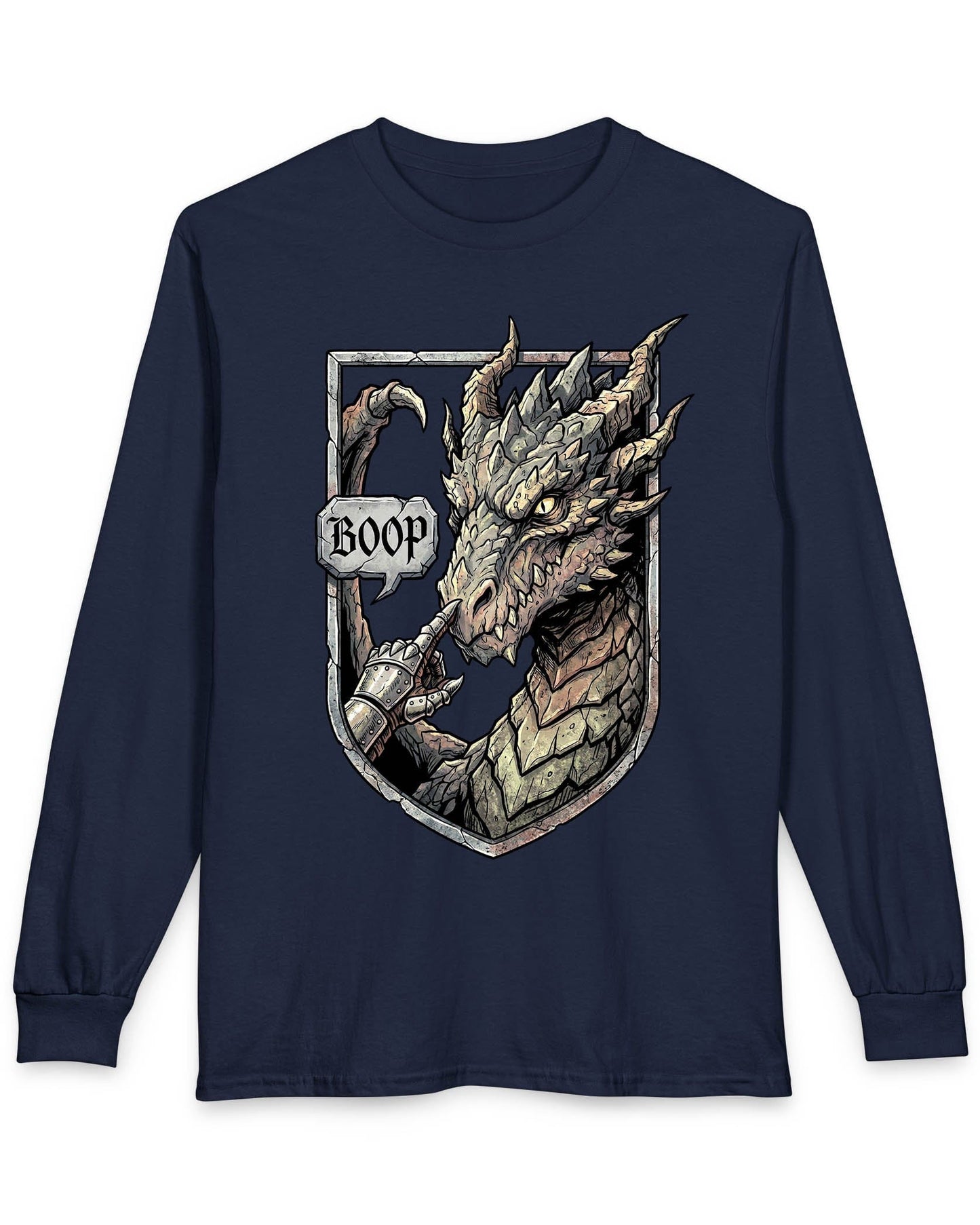 Dark Fantasy Boop shirt in navy featuring a gauntleted hand booping a fierce dragon’s nose inside a shield crest