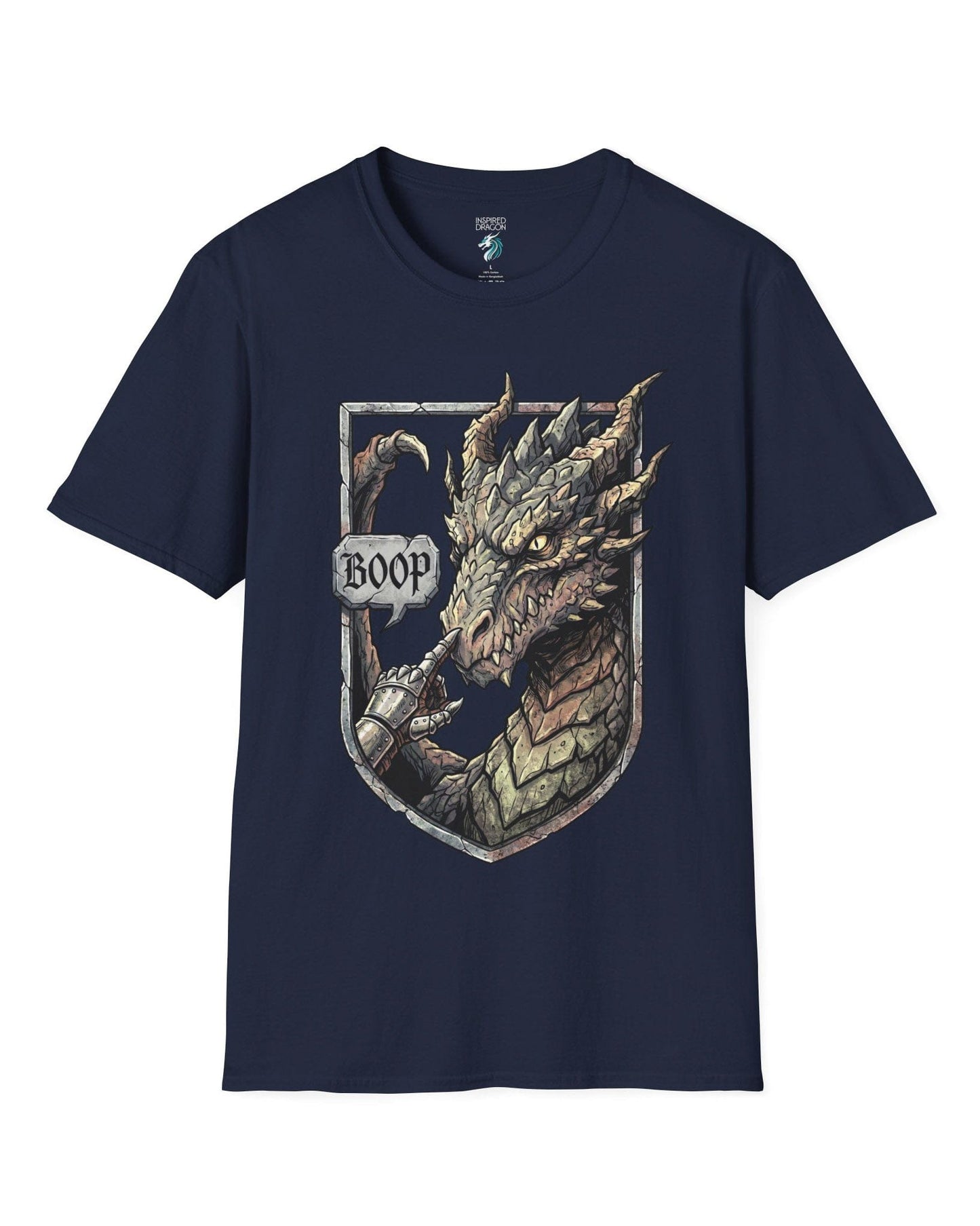 Dark Fantasy Boop shirt in navy featuring a gauntleted hand booping a fierce dragon’s nose inside a shield crest