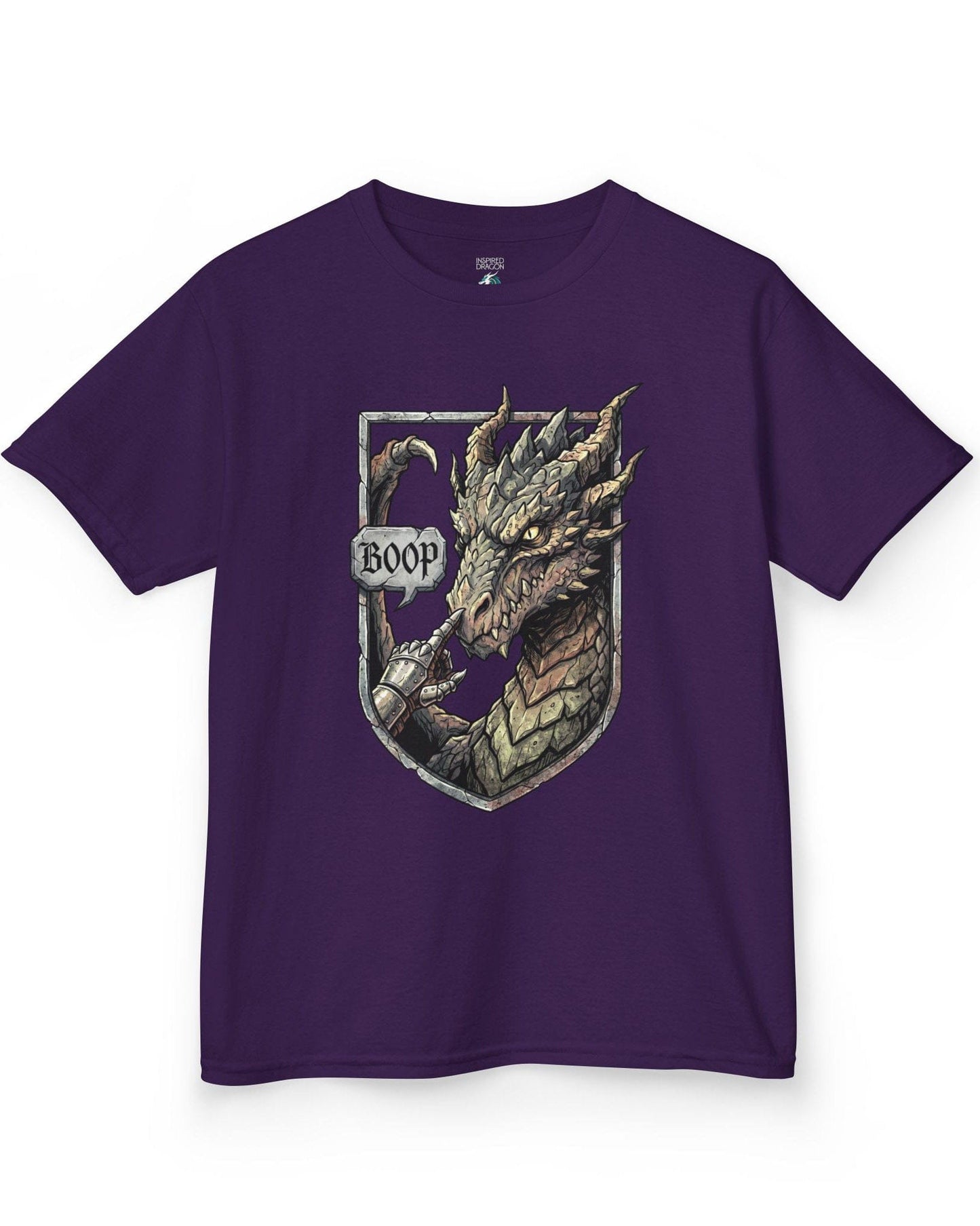 Dark Fantasy Boop shirt in purple featuring a gauntleted hand booping a fierce dragon’s nose inside a shield crest