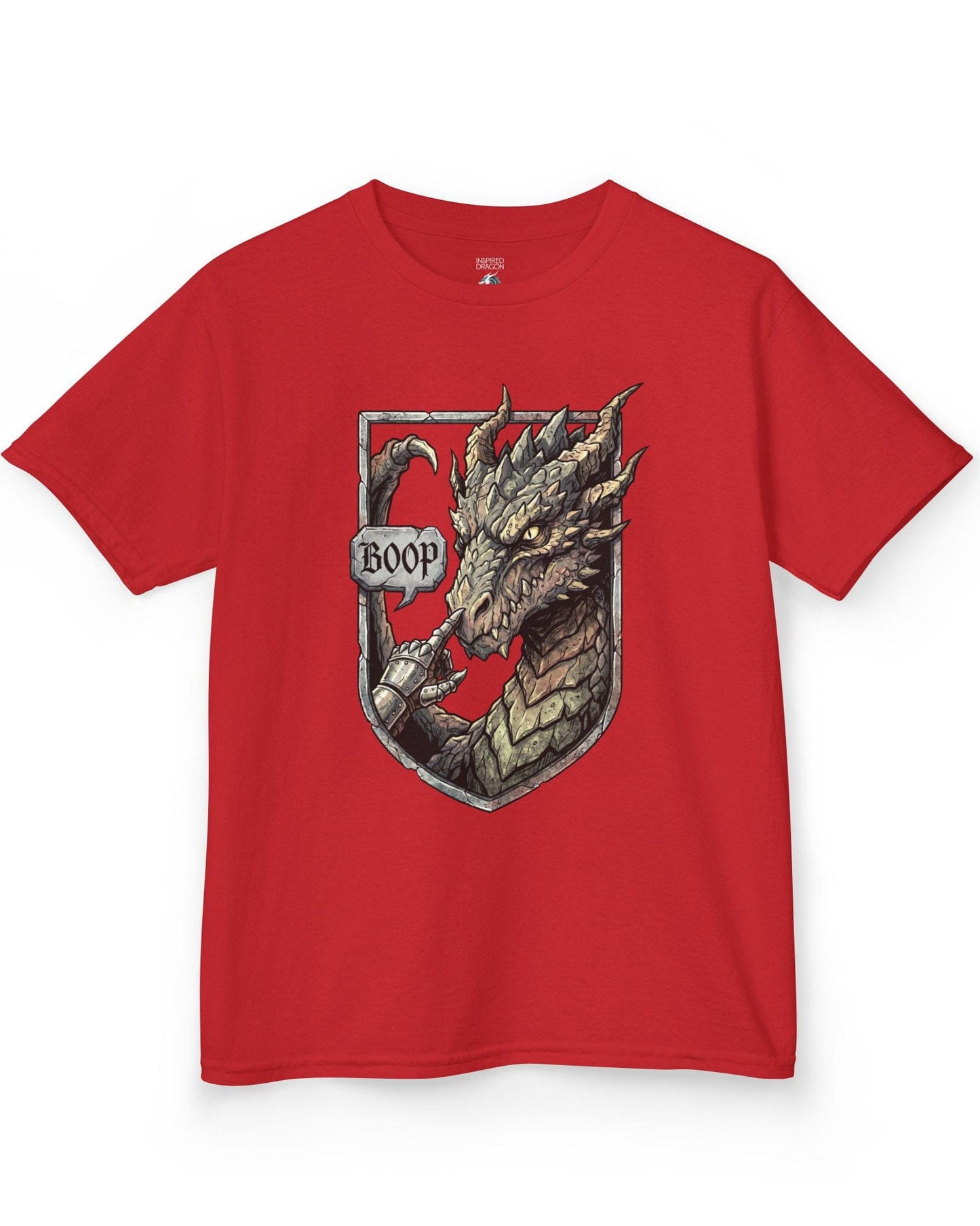 Dark Fantasy Boop shirt in red featuring a gauntleted hand booping a fierce dragon’s nose inside a shield crest