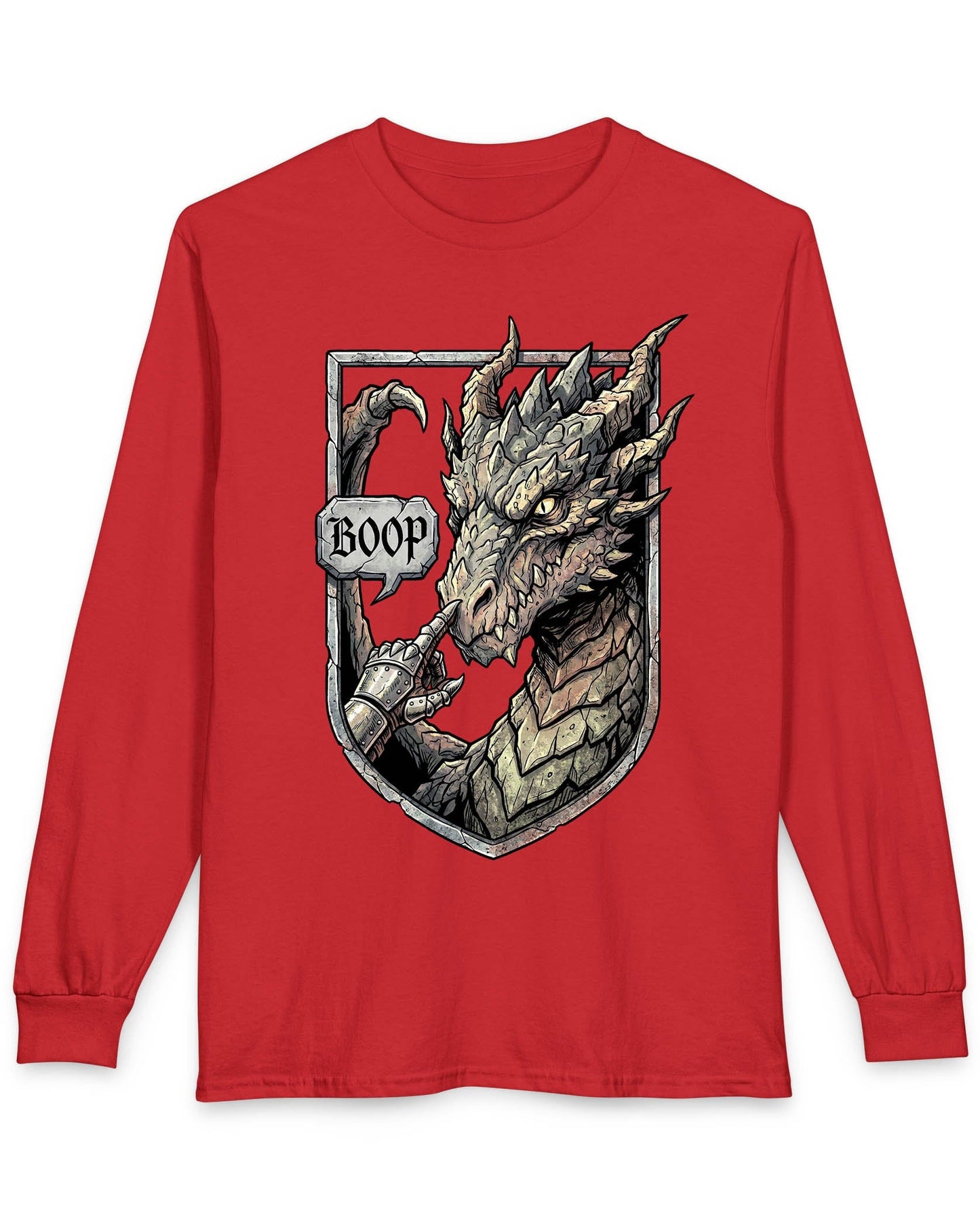 Dark Fantasy Boop shirt in red featuring a gauntleted hand booping a fierce dragon’s nose inside a shield crest