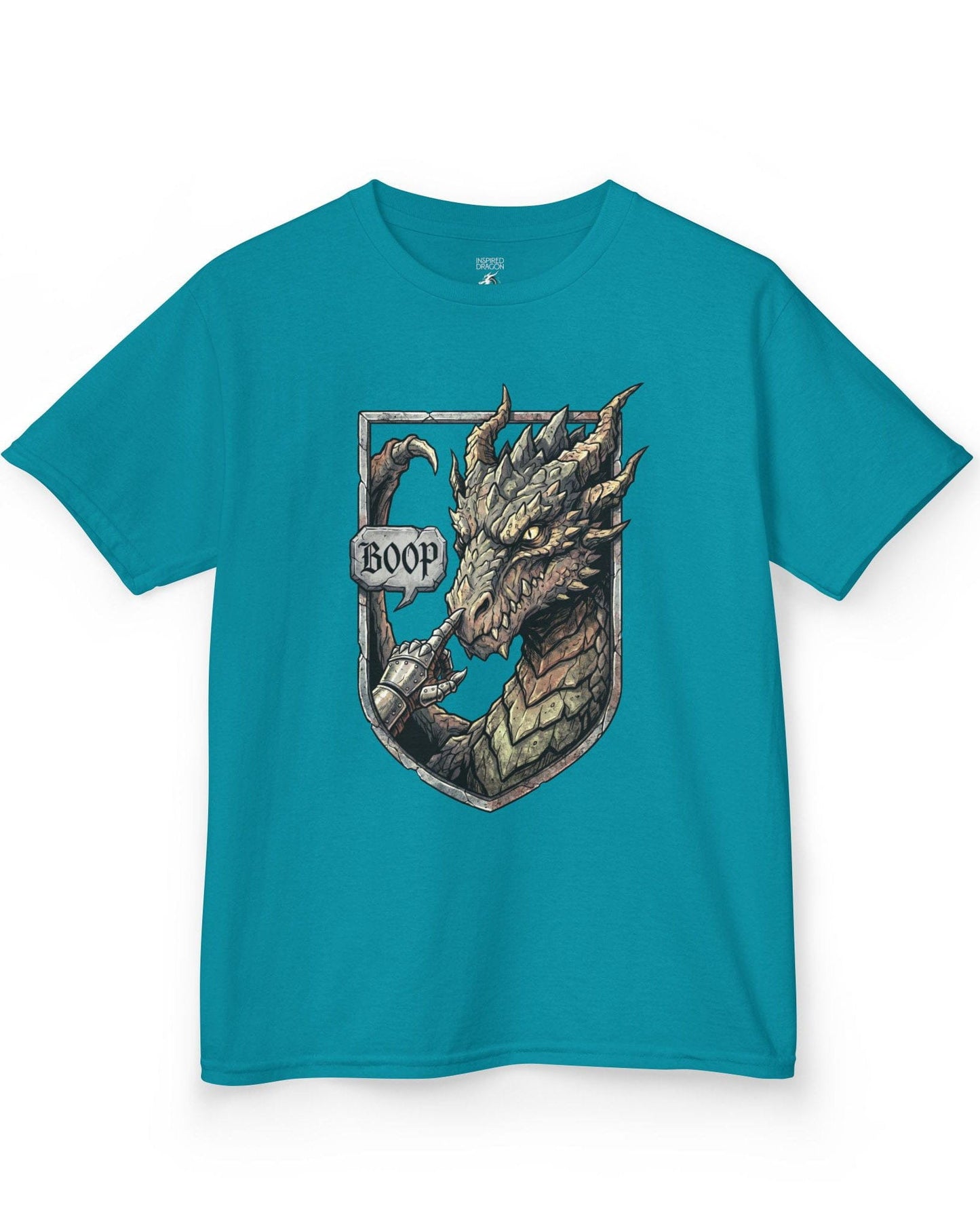 Dark Fantasy Boop shirt in tropical blue featuring a gauntleted hand booping a fierce dragon’s nose inside a shield crest