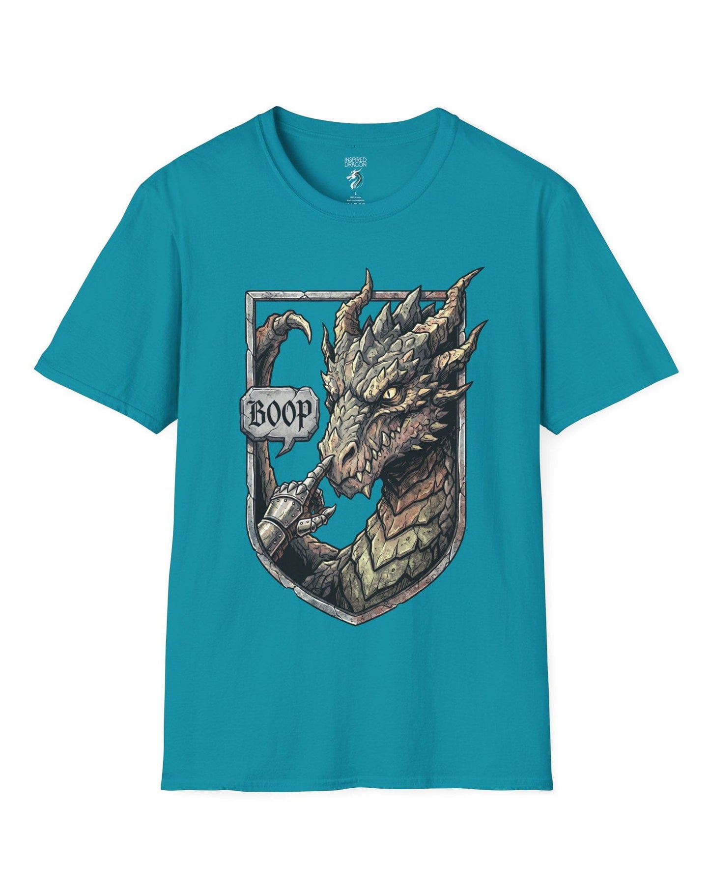 Dark Fantasy Boop shirt in tropical blue featuring a gauntleted hand booping a fierce dragon’s nose inside a shield crest