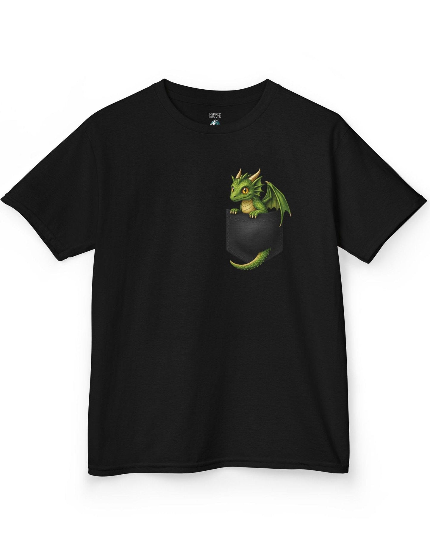 Green Pocket Dragon shirt in black featuring a small green dragon peeking out of a faux pocket