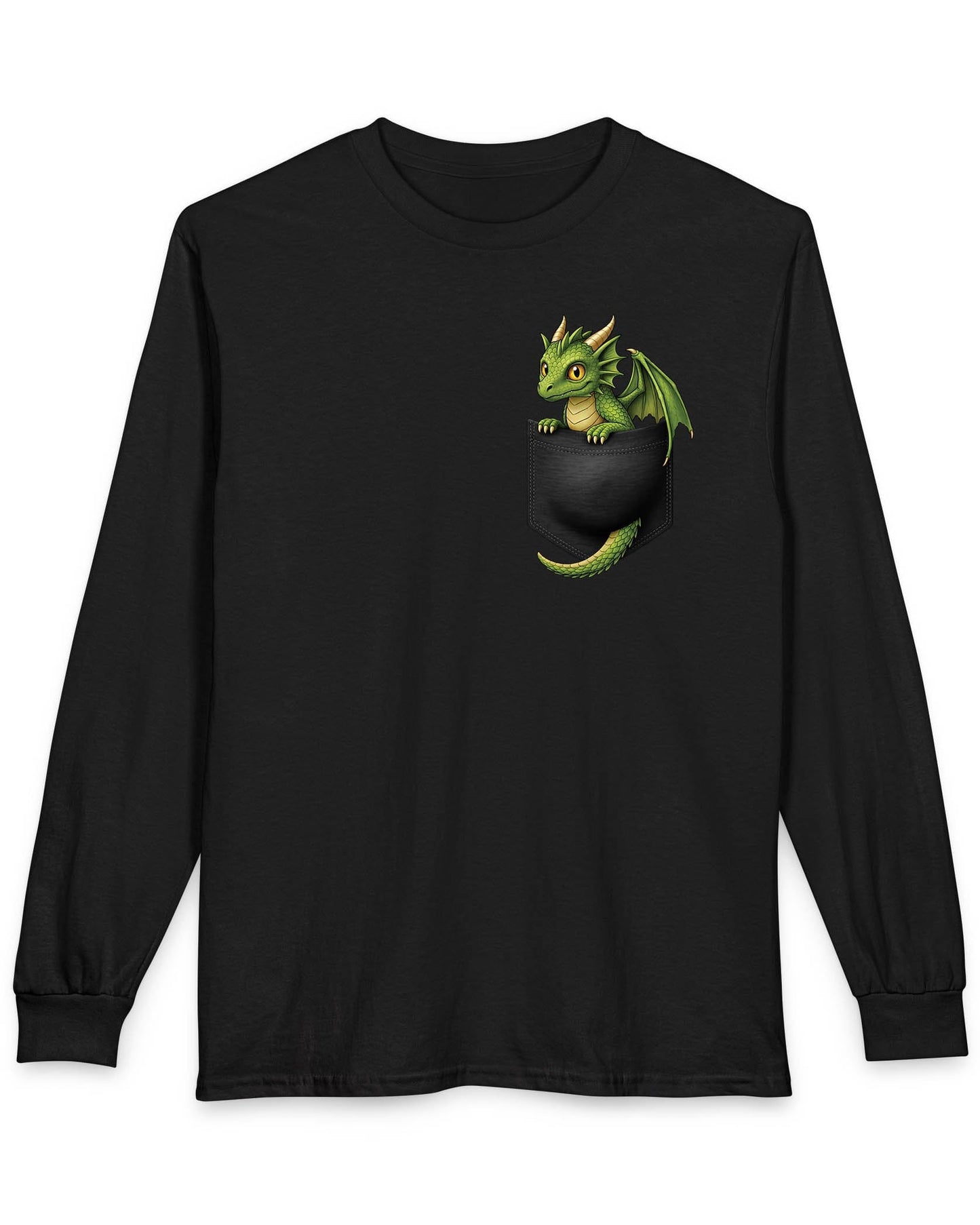 Green Pocket Dragon shirt in black featuring a small green dragon peeking out of a faux pocket