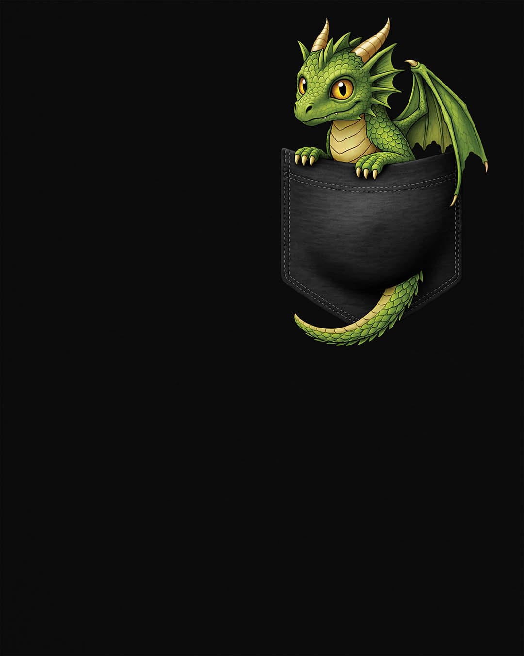 Green Pocket Dragon shirt in black featuring a small green dragon peeking out of a faux pocket