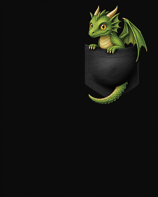 Green Pocket Dragon shirt in black featuring a small green dragon peeking out of a faux pocket