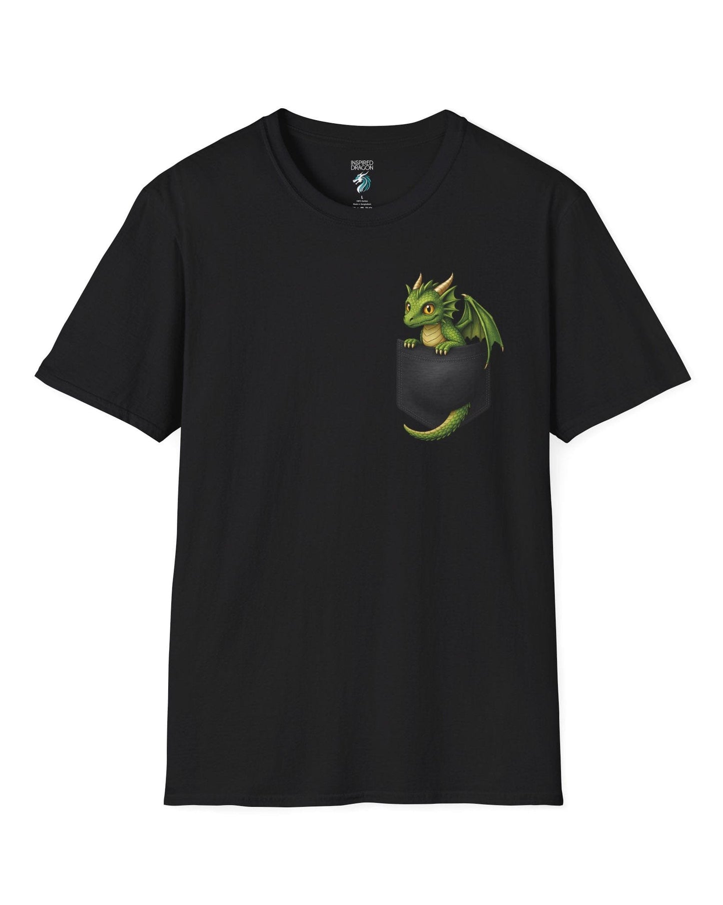 Green Pocket Dragon shirt in black featuring a small green dragon peeking out of a faux pocket