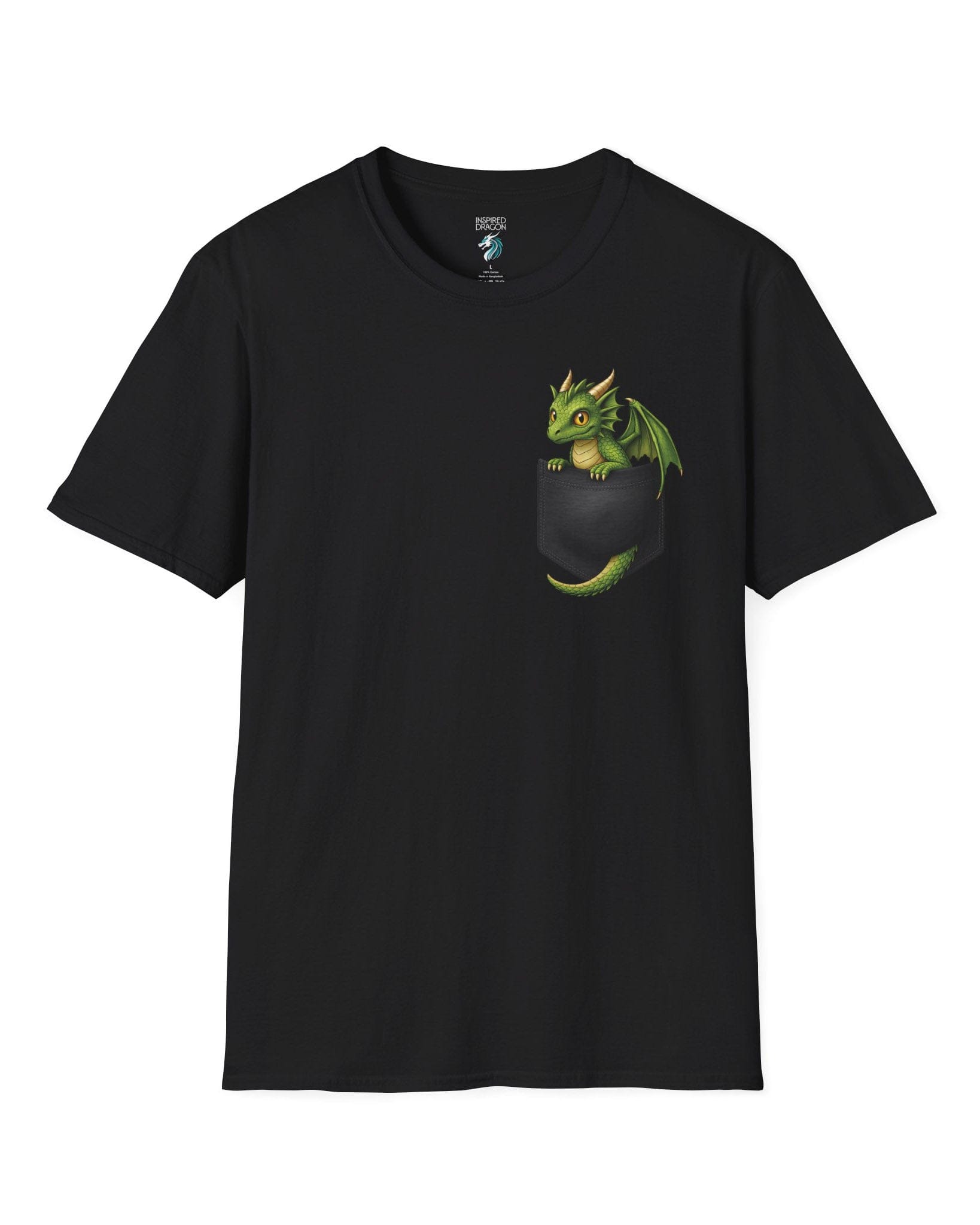 Green Pocket Dragon shirt in black featuring a small green dragon peeking out of a faux pocket