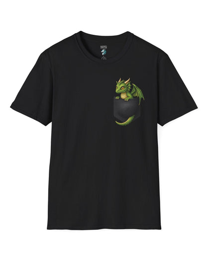 Green Pocket Dragon shirt in black featuring a small green dragon peeking out of a faux pocket