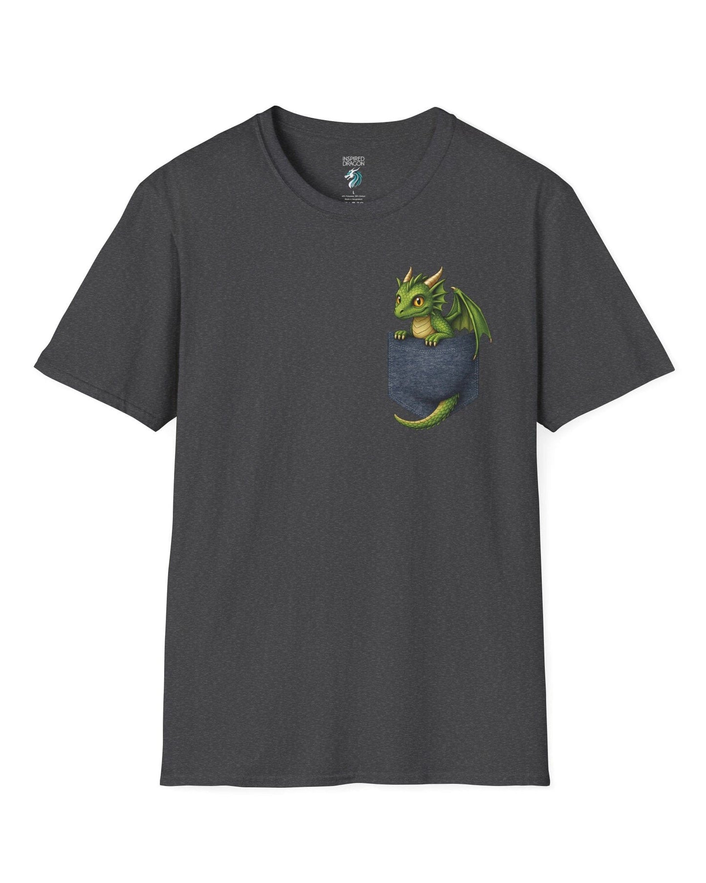 Green Pocket Dragon shirt in dark heather featuring a small green dragon peeking out of a faux pocket